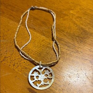 Elegant Tan and Cream Beaded Necklace with mother of pearl pendant